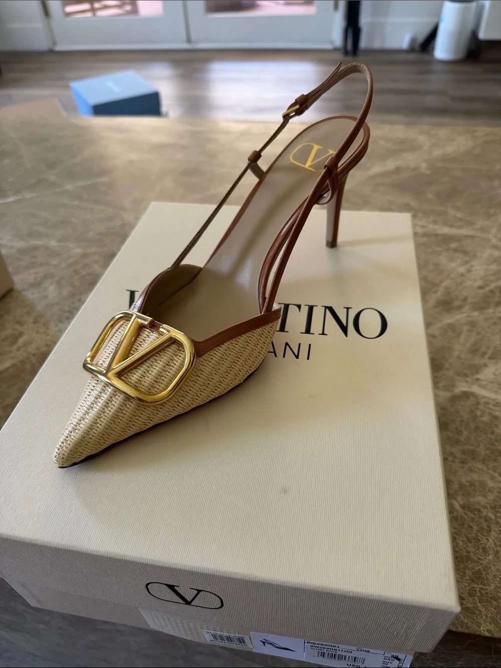 Valentino VOLGO Pointed Toe Slingback Heel with Gold Buckle